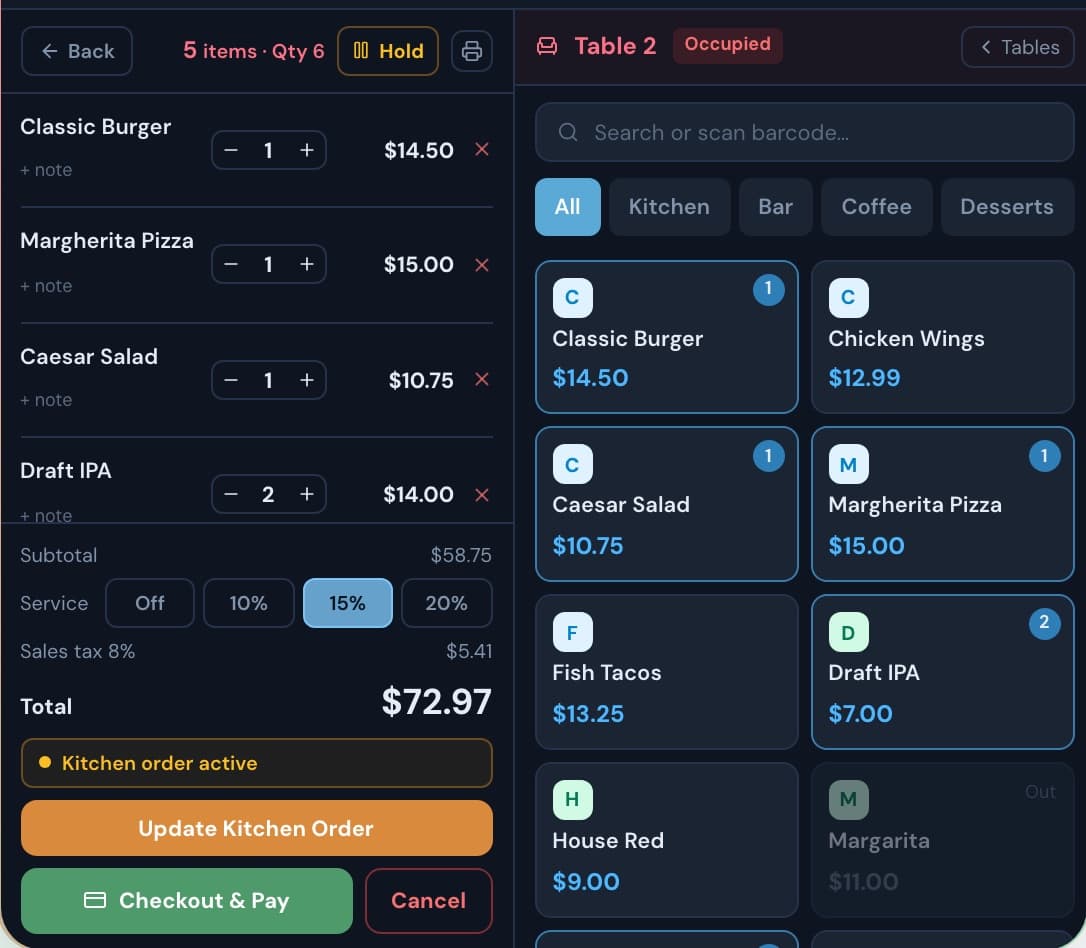 The ScomsPOS register: an open table ticket next to the menu, with Send to Kitchen and Checkout & Pay