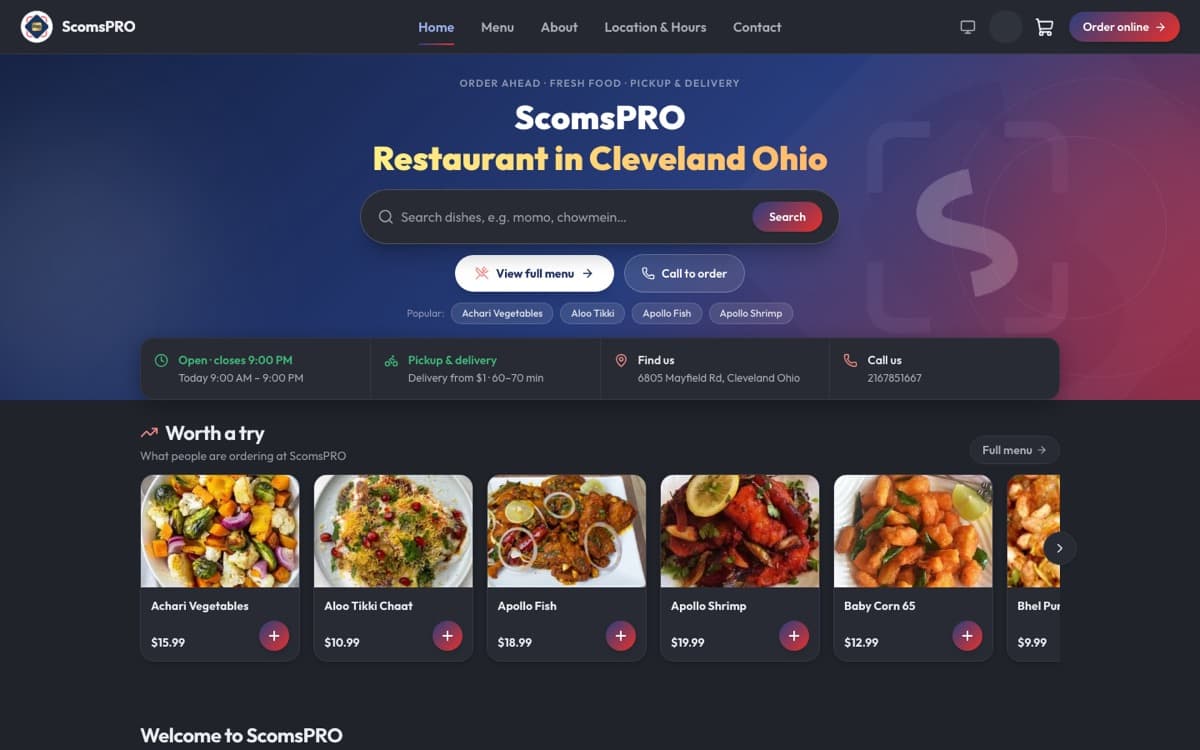 A restaurant's own branded ordering website on NEAPES, with menu search, opening hours, pickup and delivery, and popular dishes