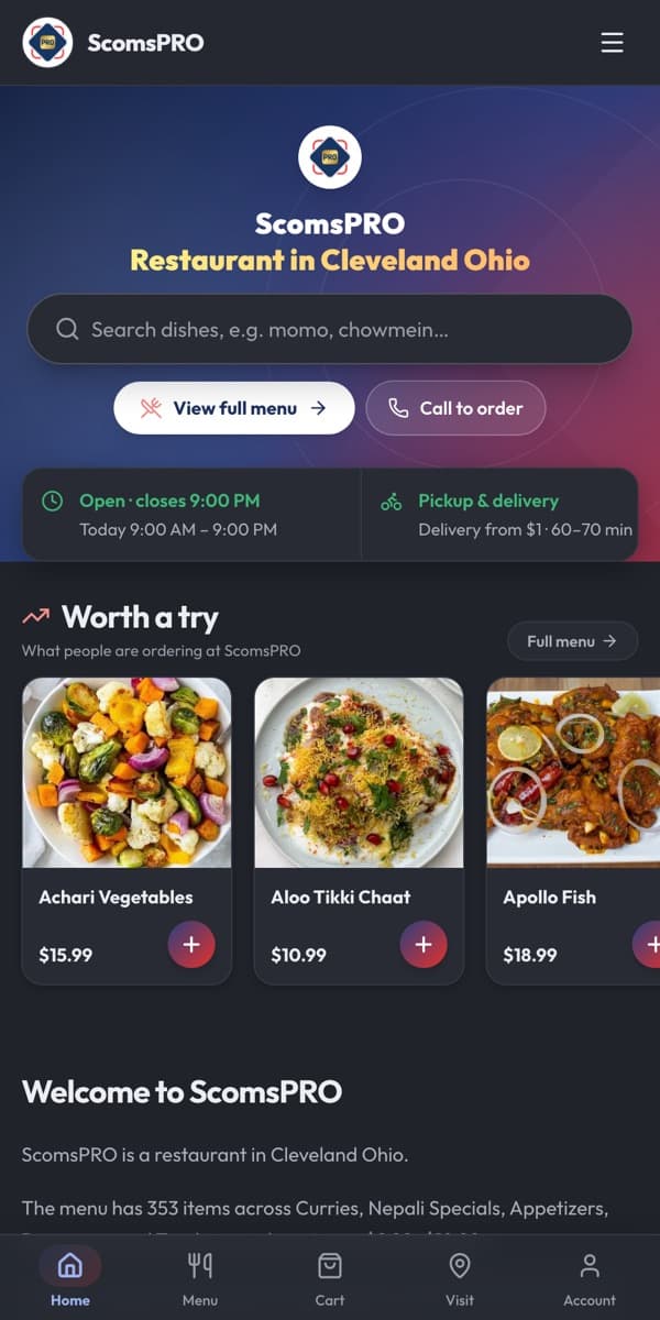 ScomsPRO's online ordering page on a phone
